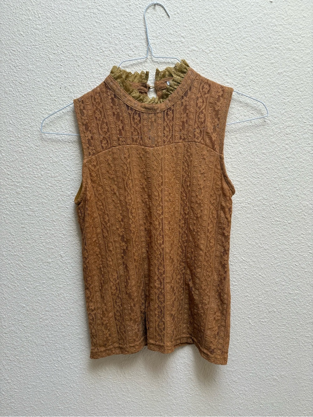 Japanese Sleeveless Lace Mock Neck Camisole in mustard yellow